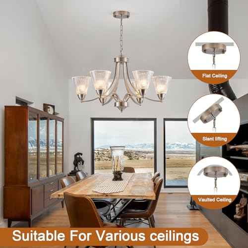 6 Light Brushed Nickel Dining Room Chandelier, Adjustable Farmhouse Chandelier with Frosted Glass Shades, Dimmable Modern Rustic Hanging Light for Kitchen Island, Living Room, Sloped Ceiling, Foyer