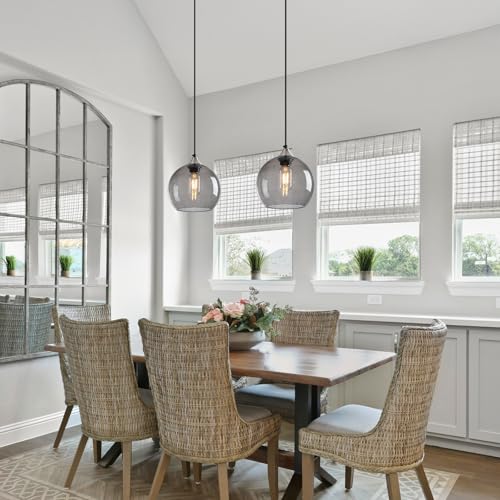 Light Grey Glass Pendant Lights Kitchen Island Lighting Globe Pendant Light Fixtures Modern Pendant Lighting for Bedroom Living Dining Room Light Fixture (2 Count)
