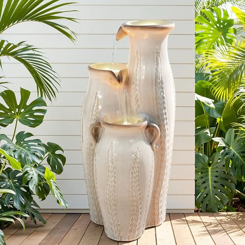 30" Ceramic Vase Water Fountain Outdoor with LED Lights