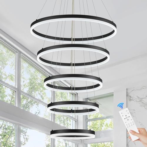 5 Rings Modern LED Chandelier Black High Ceiling Chandelier with Remote Control Dimmable Pendant Lighting for Dining Room Foyer Living Room Entryway Staircase