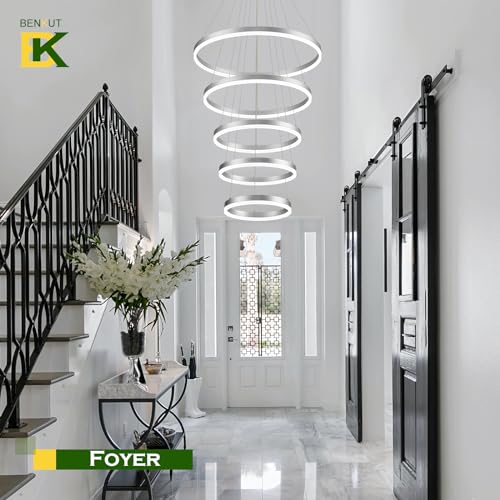 5 Rings Modern LED Chandelier Silver High Ceiling Chandelier with Remote Control Dimmable Pendant Lighting for Dining Room Foyer Living Room Entryway Staircase