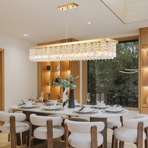 Large Rectangular Gold Crystal Chandelier for Dining Room