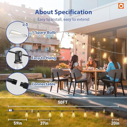 50FT Outdoor String Lights ST38 LED with Remote Waterproof Dimmable (50 Foot)