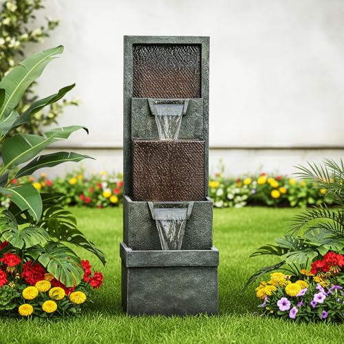 39.3" Tall 4 Tier Outdoor Water Fountain with LED Lights