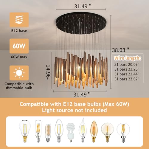 12 Light Wood Chandelier Light Fixture Boho Pendant Light Rustic Large Hanging lamp for Farmhouse Living Doom Entryway Entrance Dinning Room Foyer Kitchen
