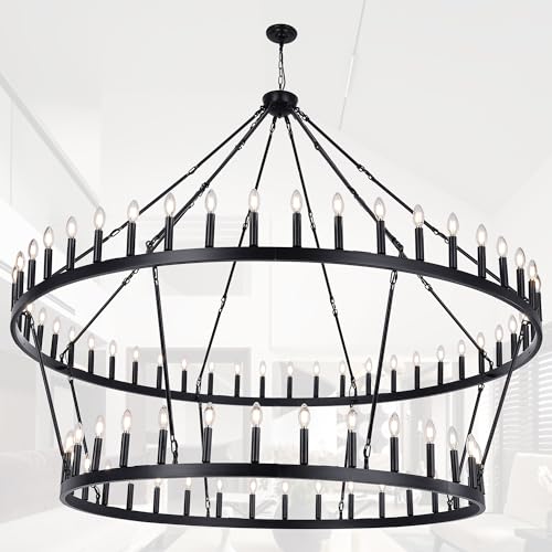 Rustic Farmhouse Black Wagon Wheel Chandelier Large Chandeliers for High Ceilings 2 Tier 80Lights 78.7 Inch for Dining Room Living Room Foyer Porch Kitchen Island