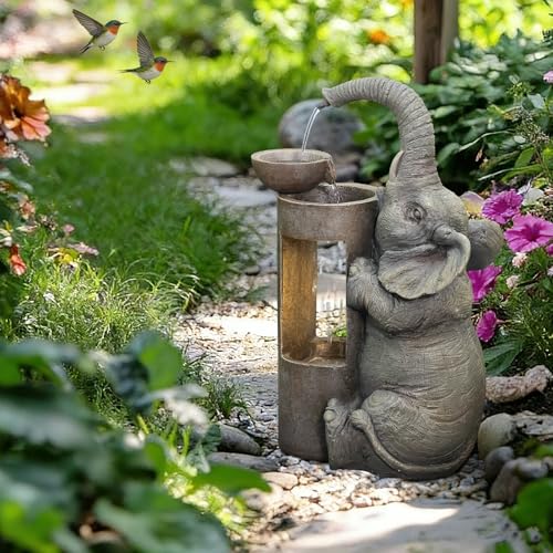 Elephant Waterfall Fountain for Indoor Desktop & Outdoor Use Small Garden Water Feature with LED Light Quiet Mini Cute Table Water Fountains for Patio