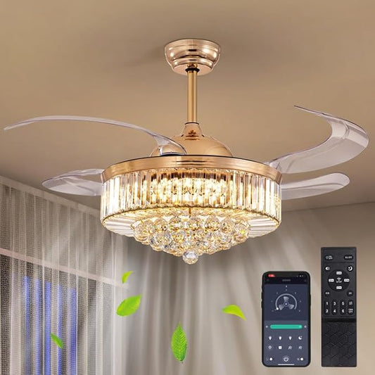 CROSSIO 48" Modern Gold Crystal Ceiling Fan with Light and Remote Crystal Fandelier LED Dimmable Chandelier Fan with Invisible Reversible Fan Blades for Kitchen, Dining Room, Living Room,Bedroom