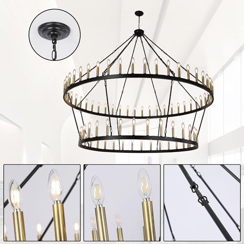 Rustic Farmhouse Wagon Wheel Chandelier Black+Brushed Brass Large Chandeliers for High Ceilings 2 Tier 80Lights 78.7 Inch for Dining Room Living Room Foyer Porch Kitchen Island