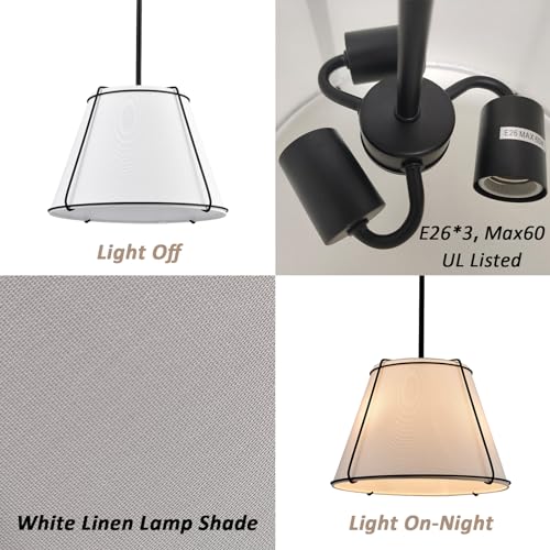 Modern 3 Light 16" Black Pendant Light White Linen Drum Adjustable