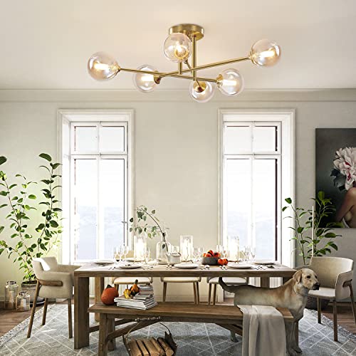 Mid Century Modern Gold Sputnik Flush Mount Ceiling Light Antique Brass Ceiling Lights 6 Light Amber Glass Chandelier Small Living Room Globe Ceiling Light