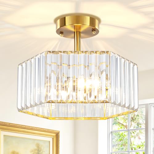 3 Light Crystal Semi Flush Mount Ceiling Light Gold Hallway Light Fixture