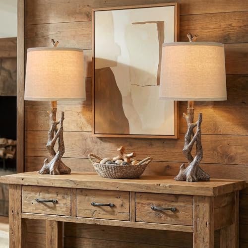 23" Rustic Farmhouse Table Lamp Country Cottage Lamps for Nightstand Tree Trunk Wood Grain Lamp for Bedroom Living Room with Oatmeal Fabric Round Shade Resin Bedside Lamp (2 Count)