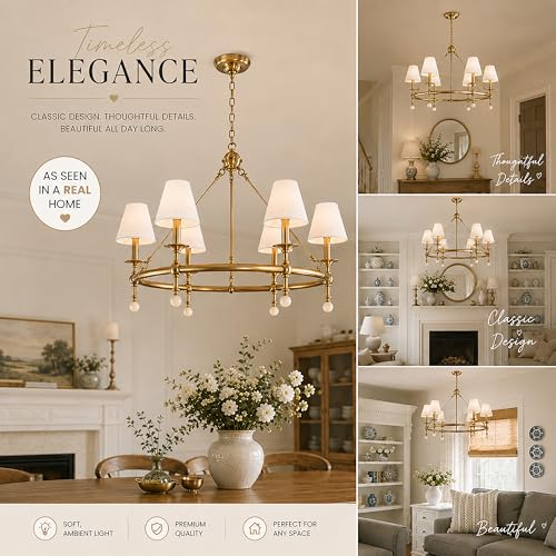6 Light W34 Inch Warm Brass Statement Chandelier with White Pleated Fabric Shades and Alabaster Finials Large Round Designer Lighting for Dining Room Living Room