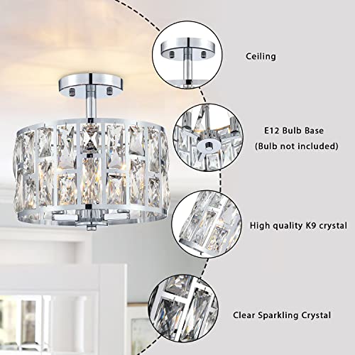 Farmhouse Crystal Round Semi Flush Mount Modern Close to Ceiling Light Fixture
