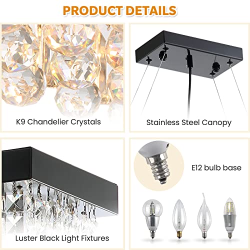7PM Rectangle K9 Crystal Chandelier Modern Rectangular Pendant Lighting Fixture for Dining Room Kitchen Island Bedroom Black L47'' x W10'' x H10''