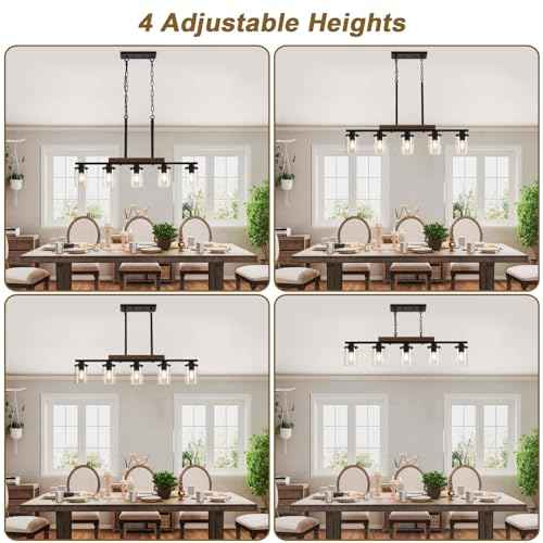 36.2‘’ Kitchen Lighting, 5-Light Dining Room Light Fixture Chandelier Over Table, Black Modern Rustic Wood Ceiling Pendant Light Fixtures, with Clear Glass Shade, Farmhouse Chandelier