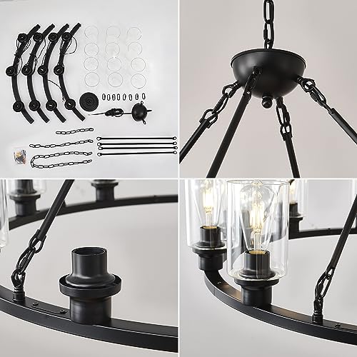 Black Large Wagon Wheel Chandelier 32 Inch Modern Farmhouse Glass Pendant Light 12