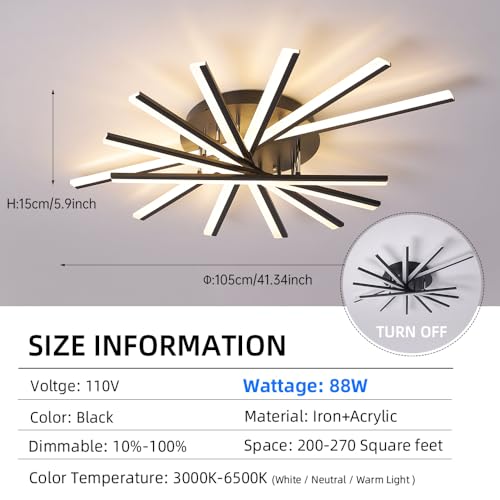 7 Lights Linear Modern Ceiling Lamp 41.3 inch Dimmable Led Semi Flush Mount Black Spiral Ceiling Light Fixture for Bedroom Dining Room Kitchen Island Living Room
