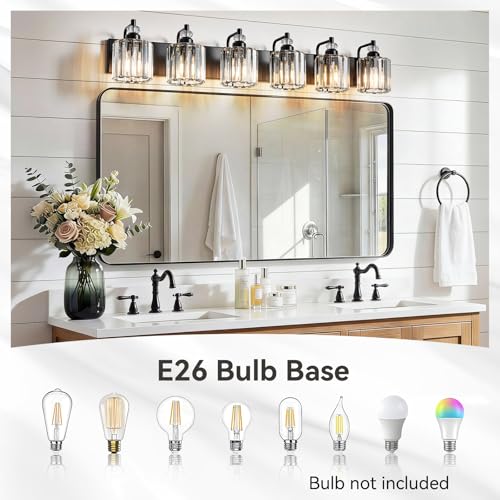 6 Light Black Bathroom Light Fixtures Over Mirror Modern Vanity Lights Crystal Wall Sconce Vintage Bathroom Lighting with Crystal Shade E26 Base for Bedroom
