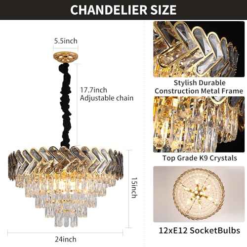 Modern Crystal Chandelier Gold,24" Round Crystals Chandeliers for Dining Room Top K9 Adjustable Ceiling Light Fixture 5-Tier Crystal Pendant Lamp 9-Light for Living Room Foyer Staircase