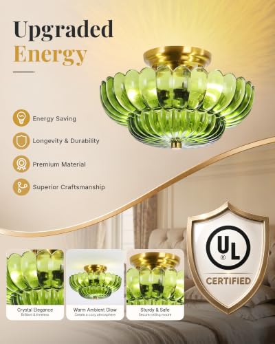 Semi Flush Mount Ceiling Light Fixture 11.8" Vinatge Gold Ceiling Lights Mid Century Modern Green Glass Close to Ceiling Lighting Fixtures for Bedroom Hallway Foyer Bathroom Kitchen Entryway (3 Count)