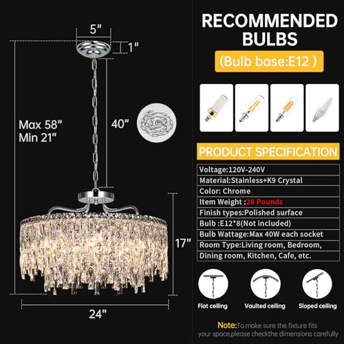 24" 8 Lights Luxury Crystal Chandeliers for Dining Room