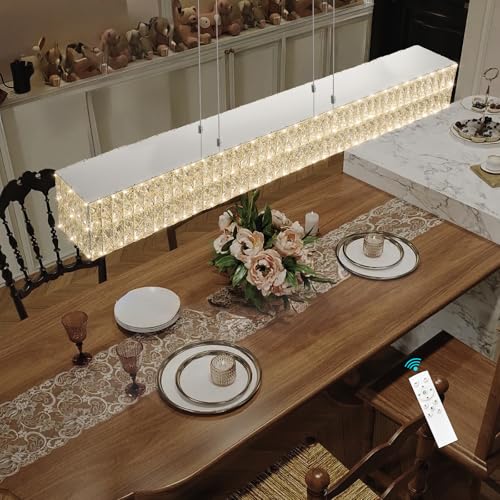 Rectangular Crystal Chandelier with Dimmable LED Lights Dining Room Remote Ceiling Pendants Lighting Fixtures for Kitchen Island Sliver