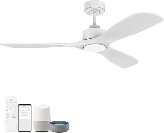 52” Wood Smart Ceiling Fans with Lights Remote,Quiet DC Motor,Outdoor Indoor Ceiling Fan,Voice Control via WIFI Alexa App,Dimmable,Modern White Lighting& Ceiling Fan for Bedroom Patio Porch - Aura Lighting