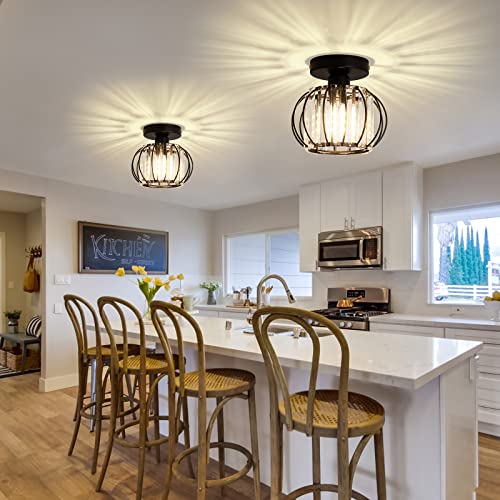 2 Pack Semi Flush Mount Ceiling Light Fixture Modern Small Crystal Chandelier Mini Indoor Ceiling Lamp for Bathroom Hallway Foyer Porch Hall Closet（Black） (2 Count)