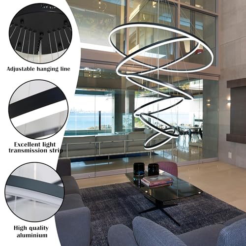 6 Rings Pendant Lights 47.2'' Modern Black Led Chandelier Dimmable Height Adjustable Chandeliers Color Temperature Black Chandelier Led Pendant Light for Dining Room Bedroom Entryway