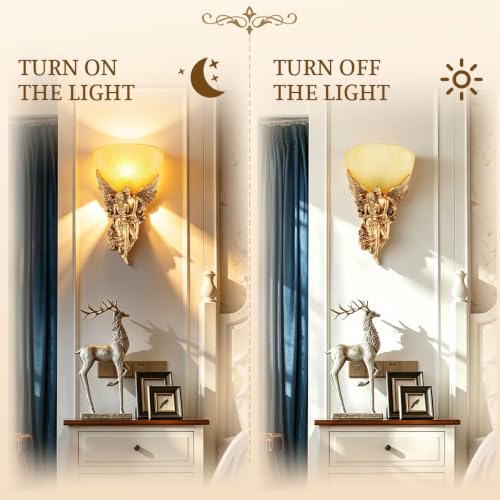 Antique Wall Sconce Light Vintage Sconces with Frosted Glass Shade Gold Angel Shape Design Mid Century Modern Wall Light Unique Resin Finish Indoor Deco Lighting for Living Room Bedroom