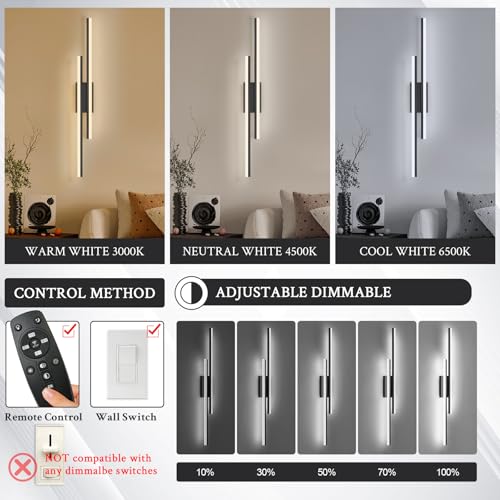 LED Wall Sconce Black Modern Remote Wall Light Fixtures for Living Room