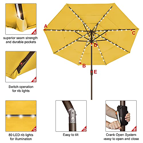 USA 10-Year-Non-Fading 9ft 3-Tier Market Patio Umbrella, Commercial Table Umbrella with 80 Solar LED Lights, Crank Open, Windproof & UPF 50+ UV Protection for Garden, Deck, Pool, Backyard, Sunflower Yellow