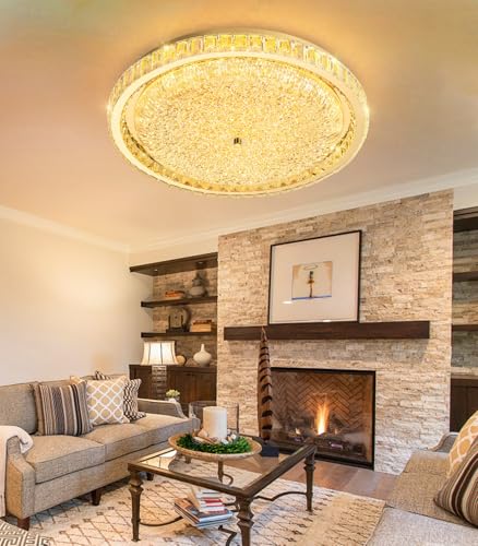 24" Modern Crystal Chandelier Dimmable LED Flush Mount Ceiling Light with Remote Control for Bedroom Hallway Dining Room Gold