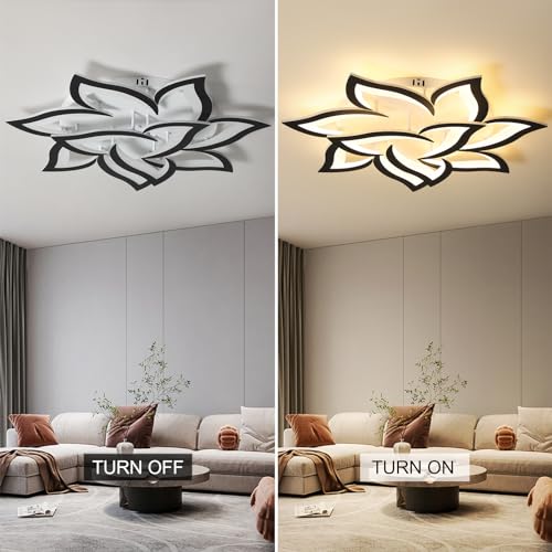 31.5" Black Flower Shaped Ceiling Light 10 Petals Dimmable Modern Ceiling Lamp Remote Control LED Lighting Fixture for Living Room Bedroom Dining Room
