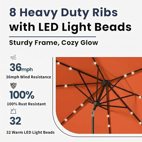 10FT Solar Umbrella 32 LED Lighted Patio Umbrella Table Market Umbrella w