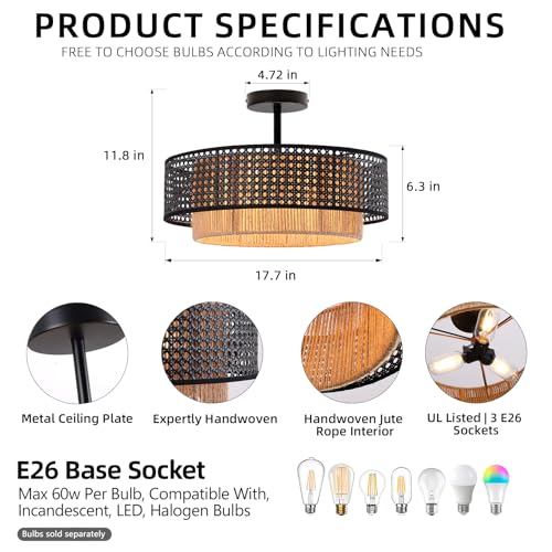 Black Boho Wicker Ceiling Light Fixture