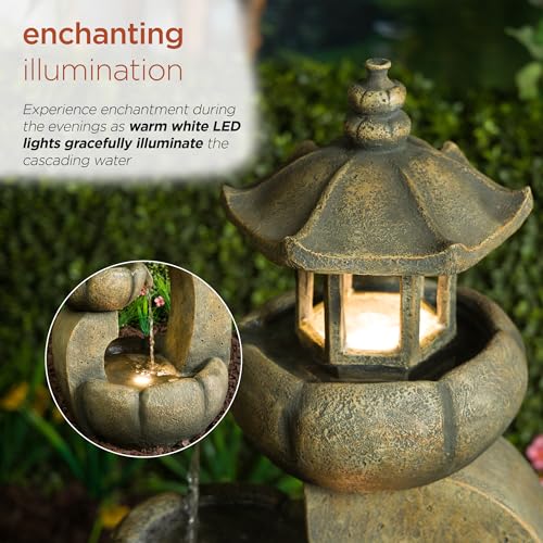 32" Tall 2 Layer Pagoda Polystone Fountain with LED Lights