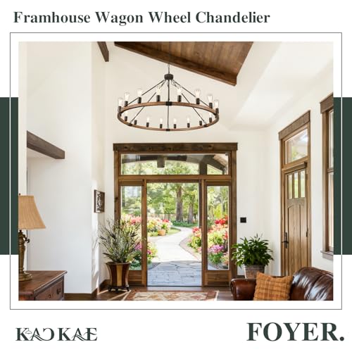 Farmhouse Wagon Wheel Chandelier 47" Oak Wood Chandelier Light Fixture 18