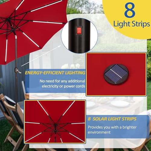 9 FT Patio Umbrella with Solar Lights 8 LED Strip Lights Red