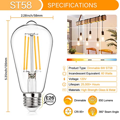 Vintage LED Edison Bulb Dimmable 60W Equivalent E26 Led Bulbs (4 Count)