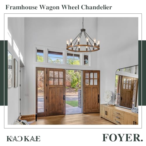 Farmhouse Wagon Wheel Chandelier 31" Oak Wood Chandelier Light Fixture 12