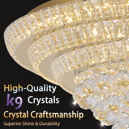30" Gold Crystal Flush Mount Chandelier Modern LED Ceiling Light Fixture