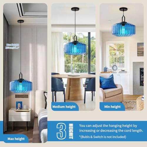 Glass Pendant Light Fixture Vintage Modern Pendant Lights with Blue Hand Blown Glass Shade Mid Century Black Adjustable Cord Ceiling Hanging Lighting for Dining Room Kitchen Island