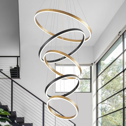 LED 5 Ring Chandelier Modern Vintage Black Gold Chandeliers Dimmable
