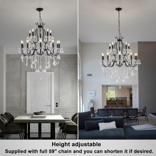 French Country Black Iron Crystal Chandelier