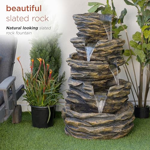 39" Tall Outdoor 5 Tiered Natural Look Rock Water Floor Fountain with Replaceable Lights