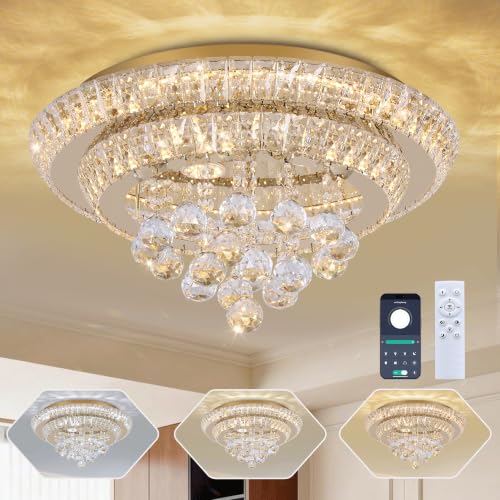 18" Gold Crystal Flush Mount Chandelier Modern LED Ceiling Light Fixture