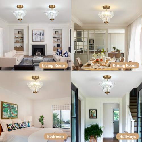 Antique Brass Finish Semi Flush Mount Light with Floral Class Shade (Antique Brass)